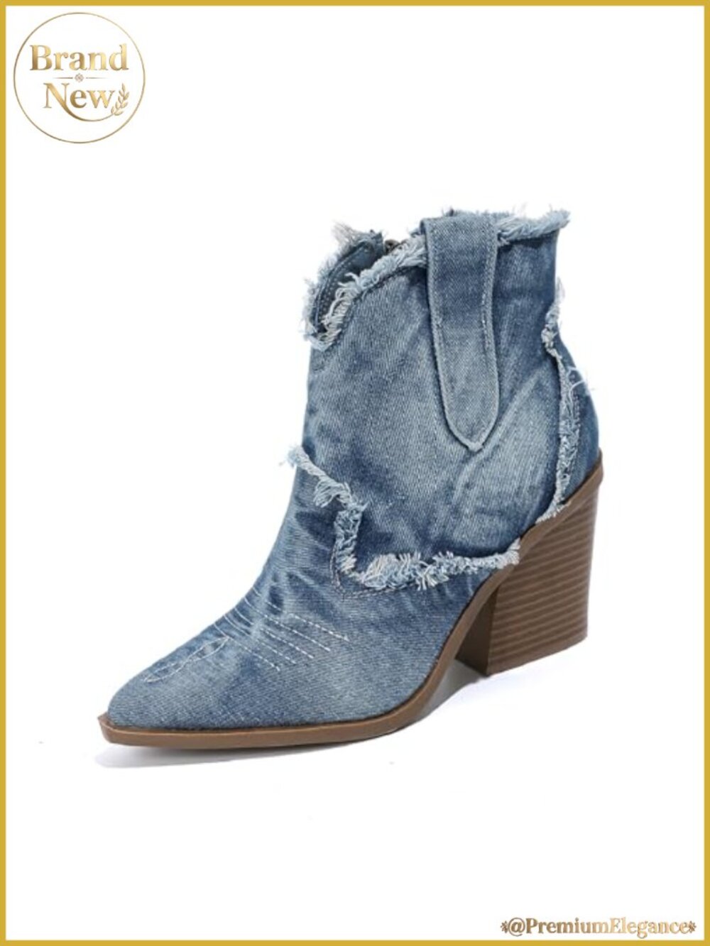 Women's Embroidery Denim Western Cowboy Ankle Boots Pointed Toe Stacked Heel